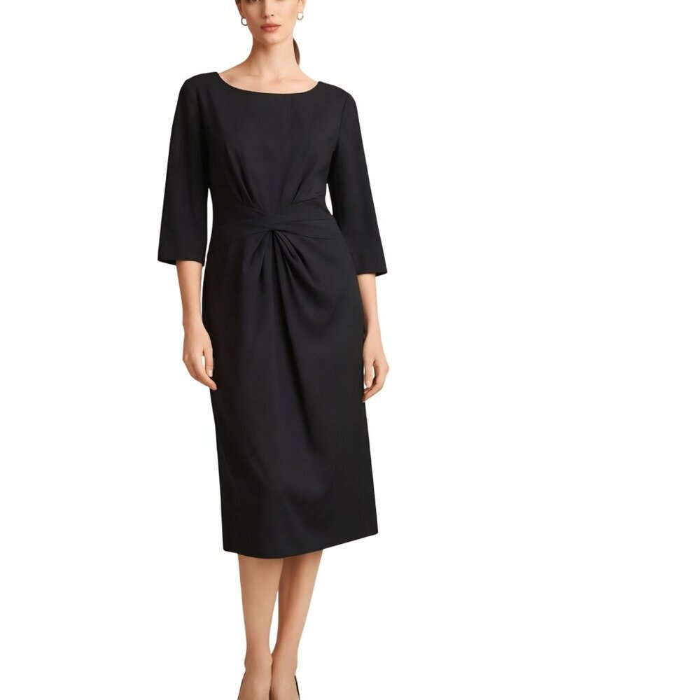 Lafayette 148 Black Wool Blend Sheath Dress 3/4 Sleeves Pleated Front Size 14